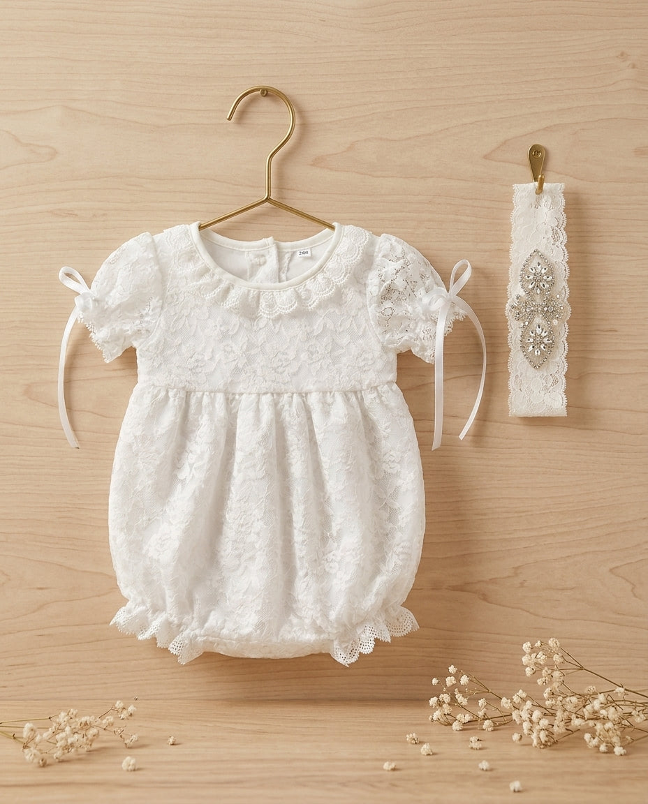 Baptism Lace Romper and Rhinestones Headband for Baby Girl