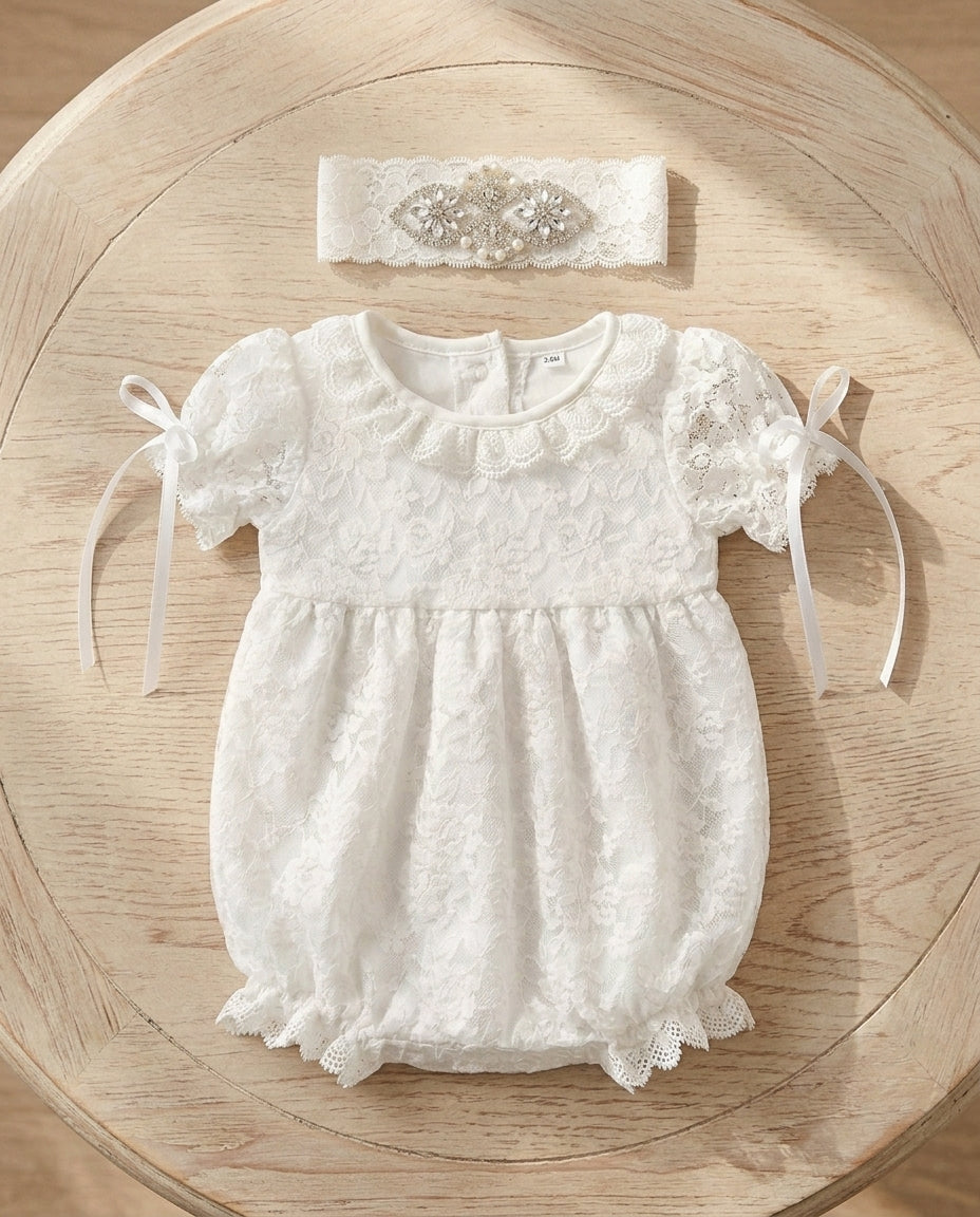 Baptism Lace Romper and Rhinestones Headband for Baby Girl
