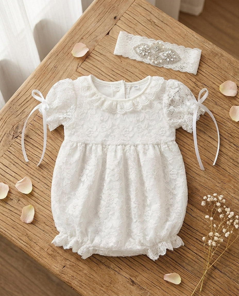 Baptism Lace Romper and Rhinestones Headband for Baby Girl