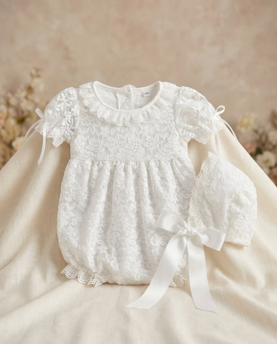 Baptism Lace Romper and Bonnet for Baby Girl