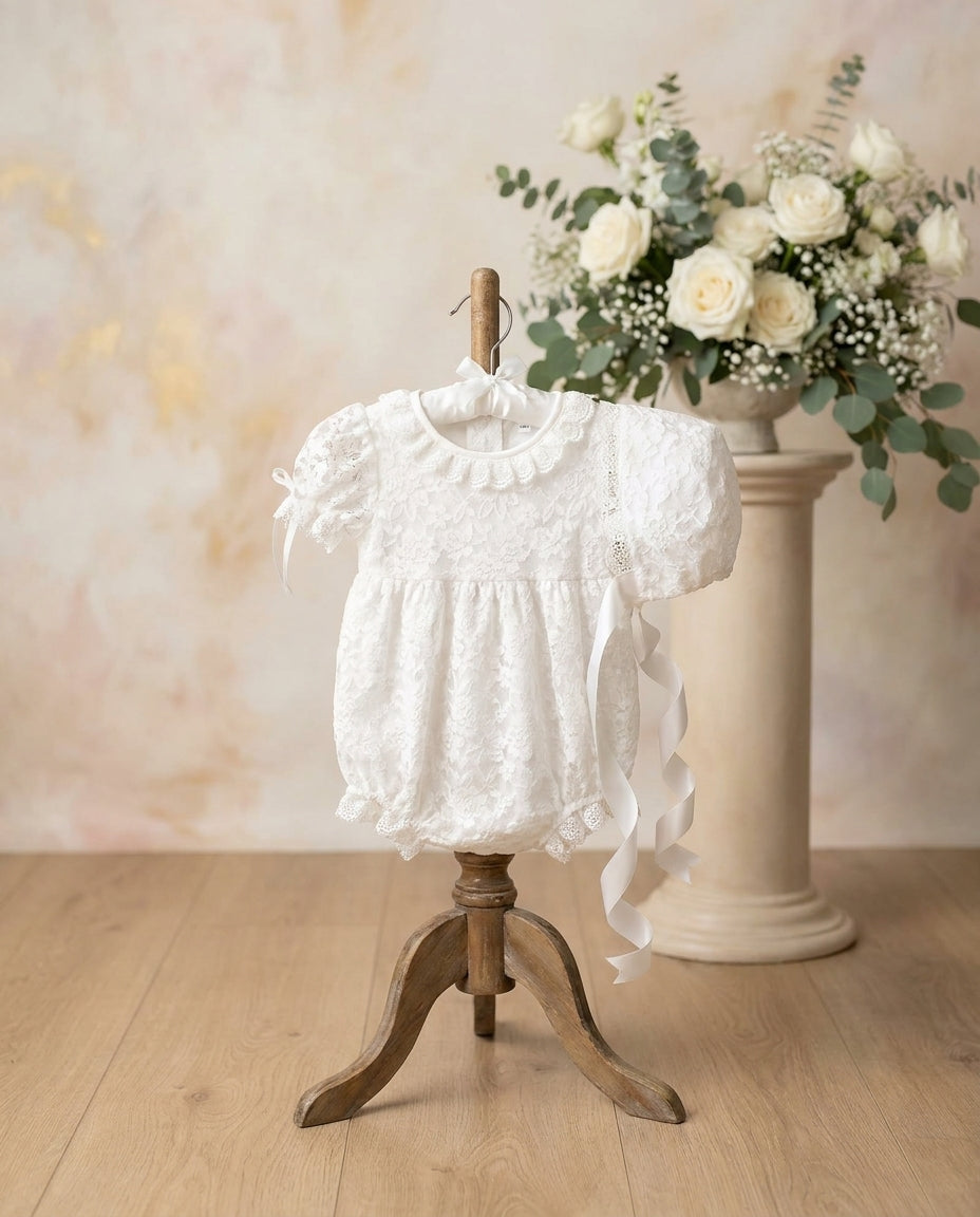 Baptism Lace Romper and Bonnet for Baby Girl
