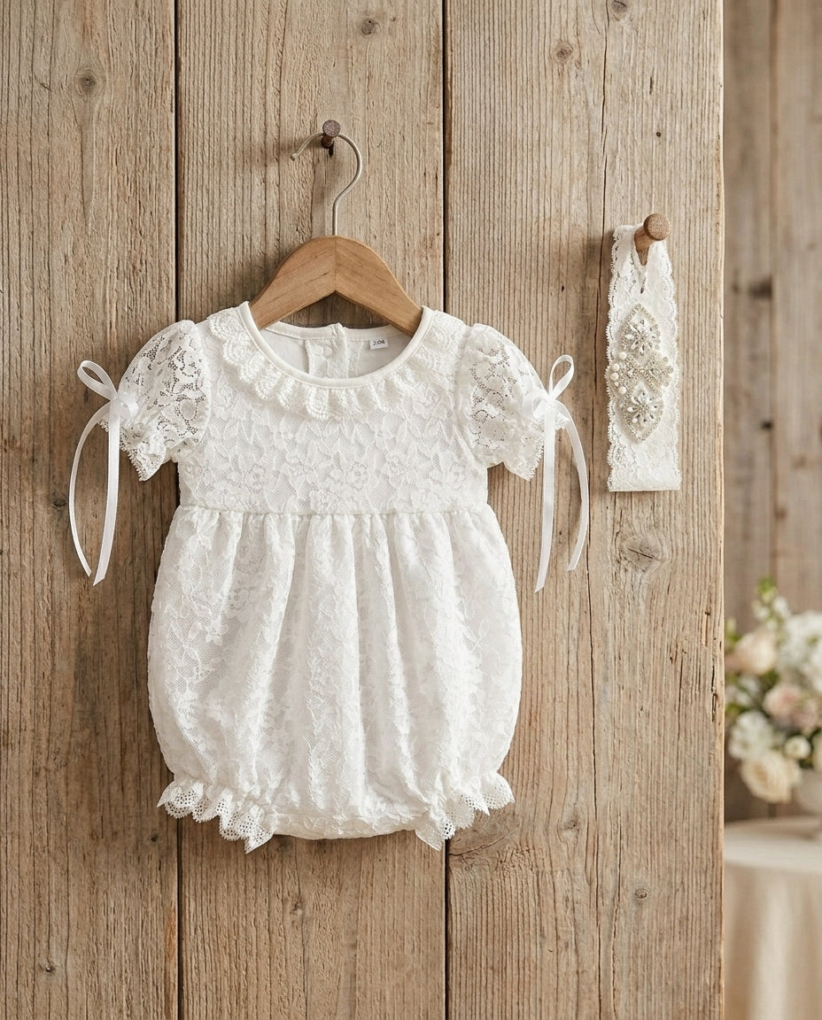 Baptism Lace Romper and Rhinestones Headband for Baby Girl