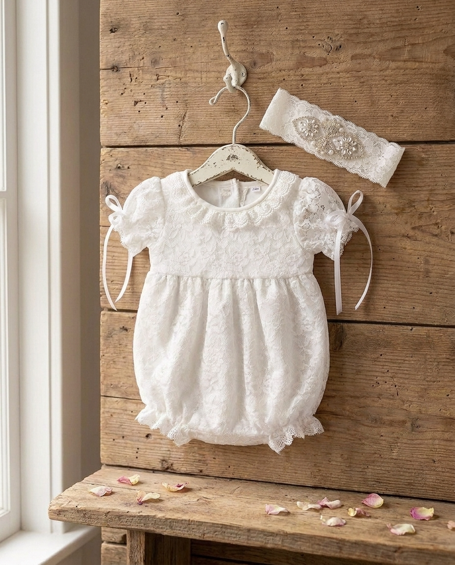 Baptism Lace Romper and Rhinestones Headband for Baby Girl