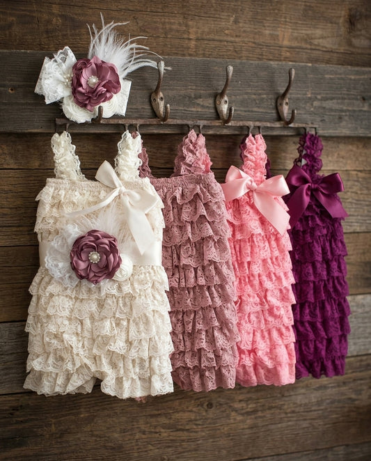 Baptism Lace Romper with Ivory and Vintage Rose Headband and Sash