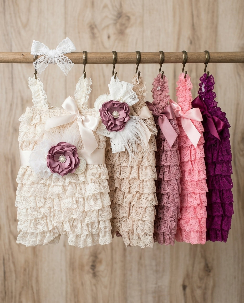 Baptism Lace Romper with Ivory and Vintage Rose Headband and Sash