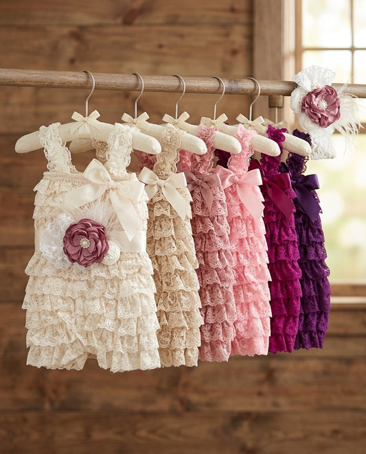 Baptism Lace Romper with Ivory and Vintage Rose Headband and Sash