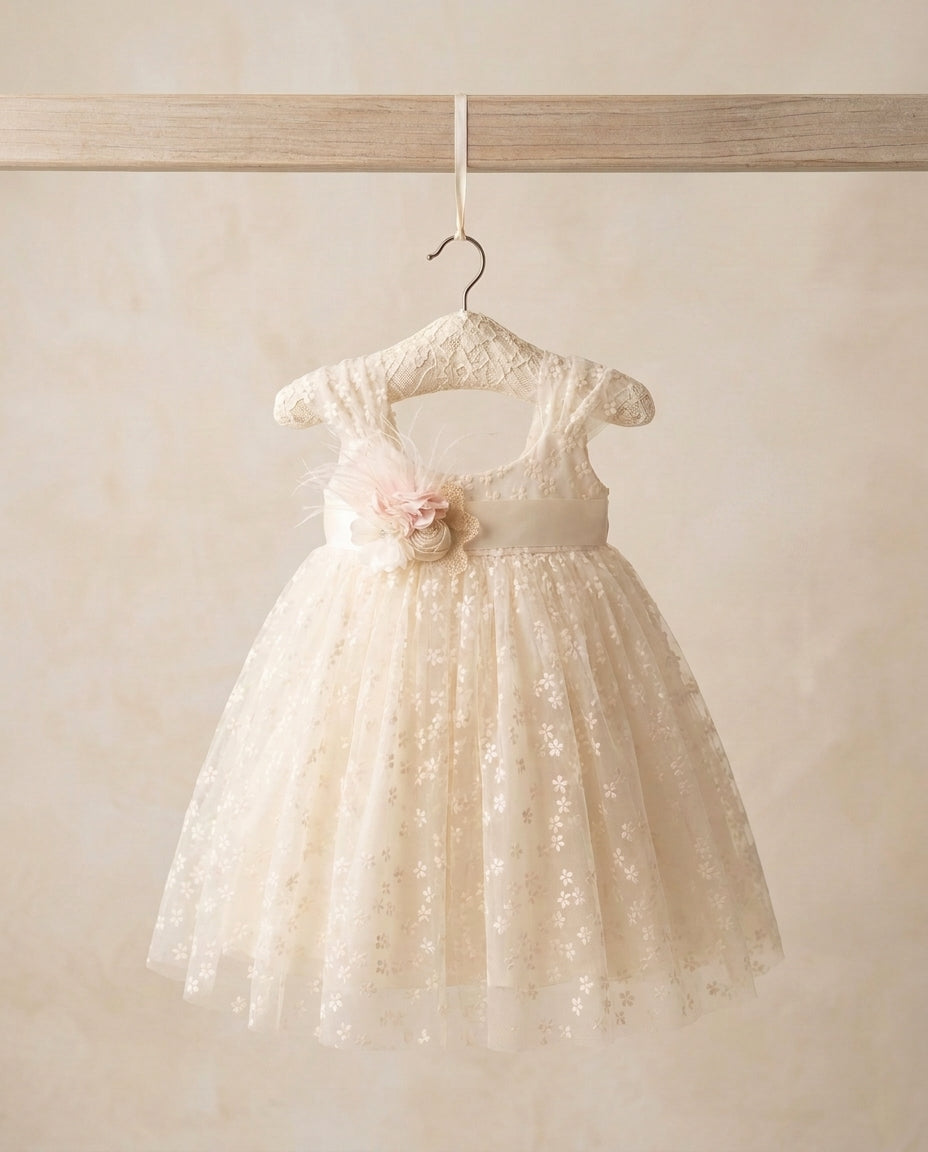 Baptism Tulle Dress with Rhinestones & Pearl Sash