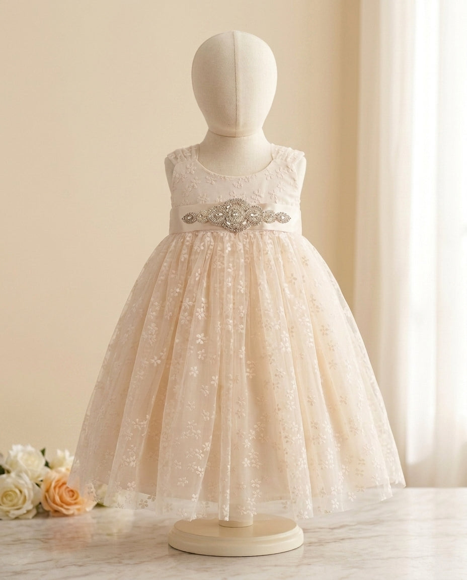Baptism Tulle Dress with Rhinestones & Pearl Sash