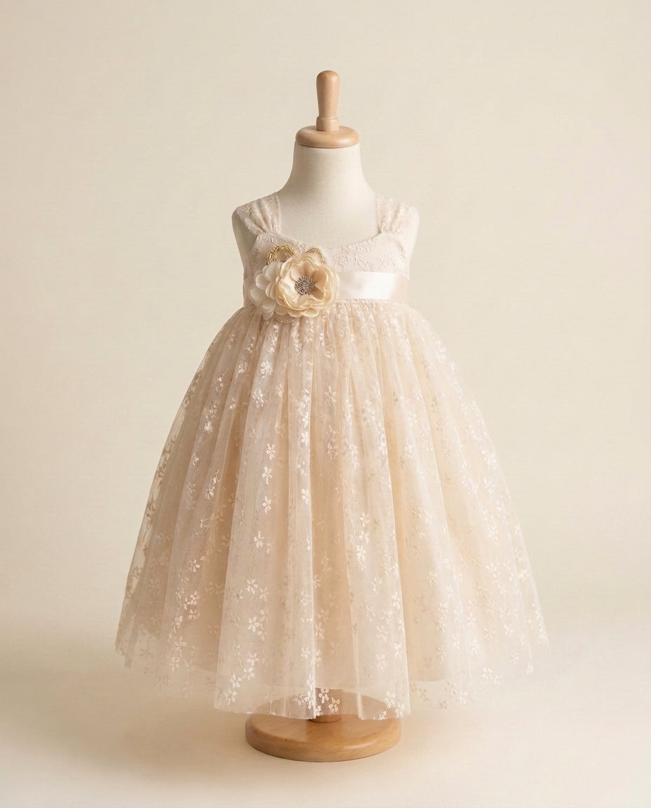 Baptism Tulle Dress with Rhinestones & Pearl Sash