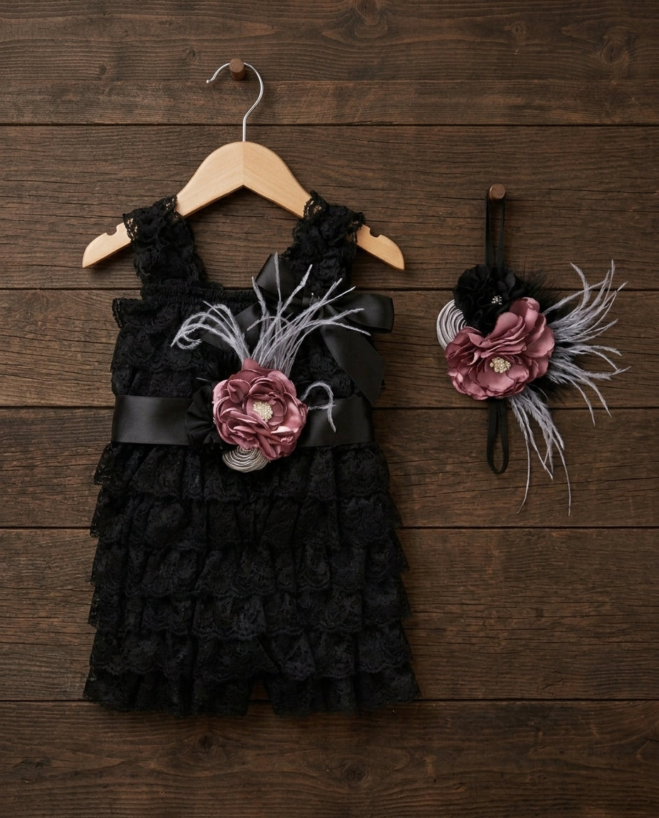 Smoky Gray Baby Lace Romper with Headband & Sash, Black Baby Lace Romper