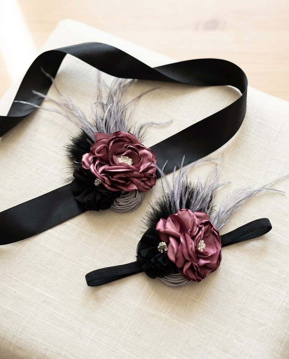 Black and Vintage Rose Baby Headband and Sash
