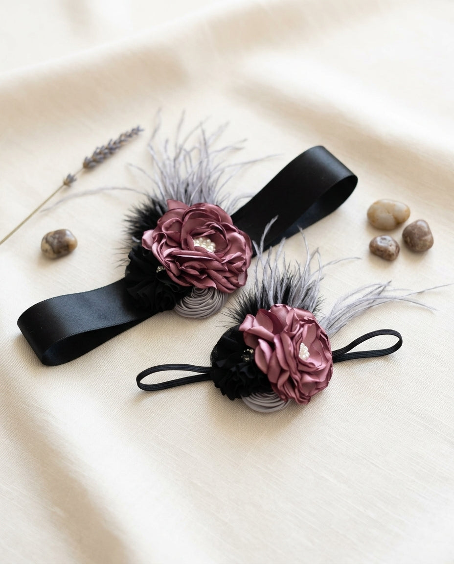 Black and Vintage Rose Baby Headband and Sash