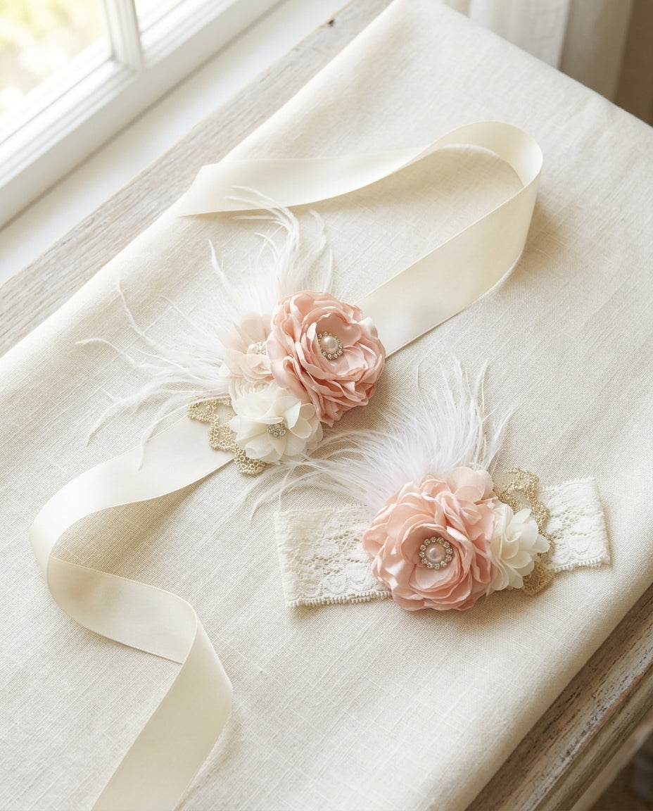Blush & Ivory Baptism Headband, Sash, and Sandals
