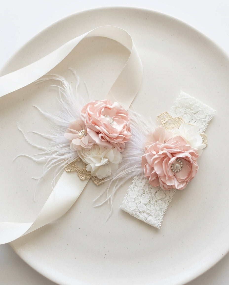 Blush & Ivory Baptism Headband, Sash, and Sandals