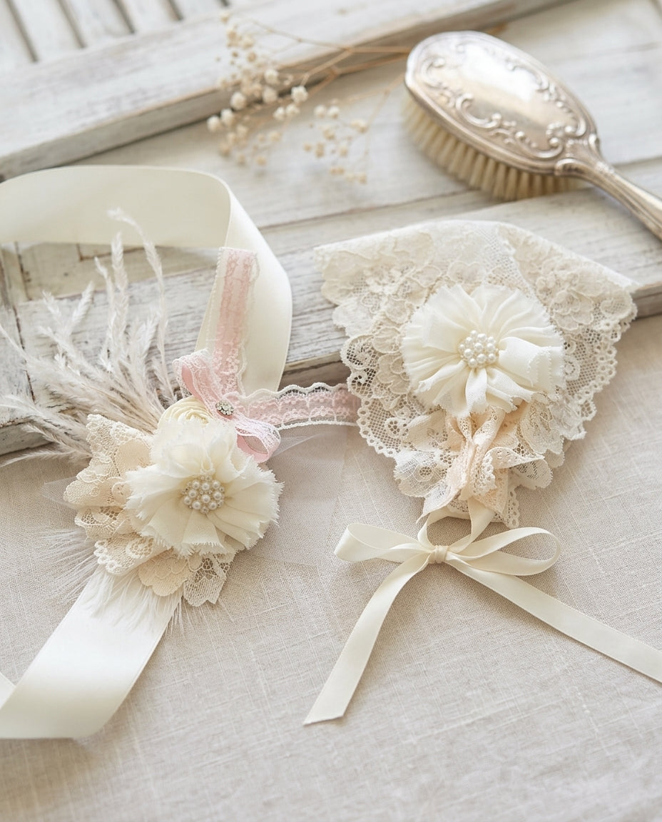 Champagne Baptism Bonnet and Ivory Flowers Baptism Sash