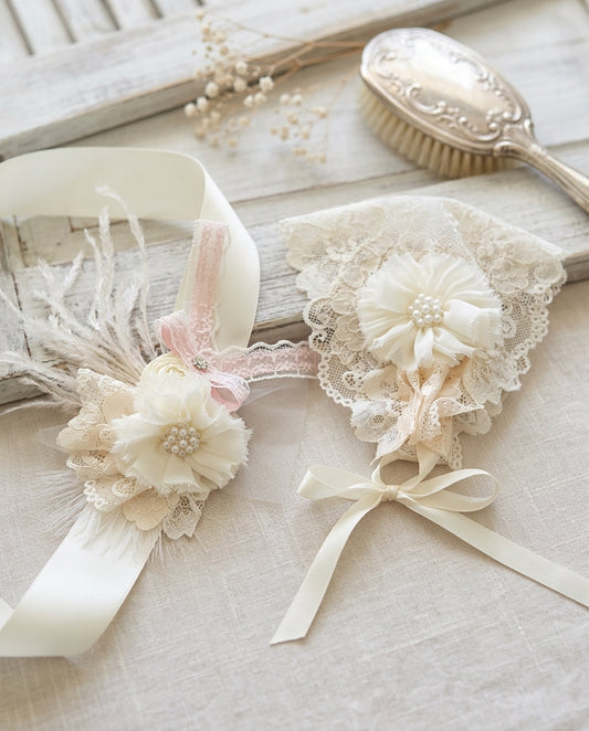 Champagne Baptism Bonnet and Ivory Flowers Baptism Sash