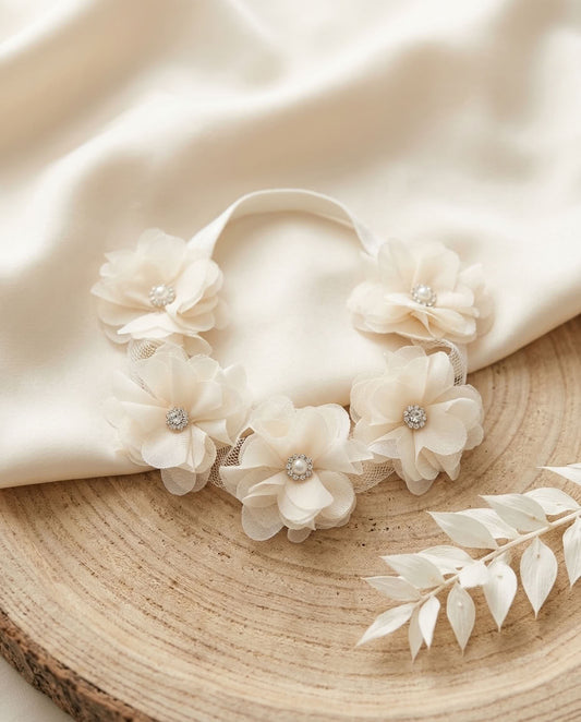 Vintage Ivory Baptism Flower Headband with Rhinestones