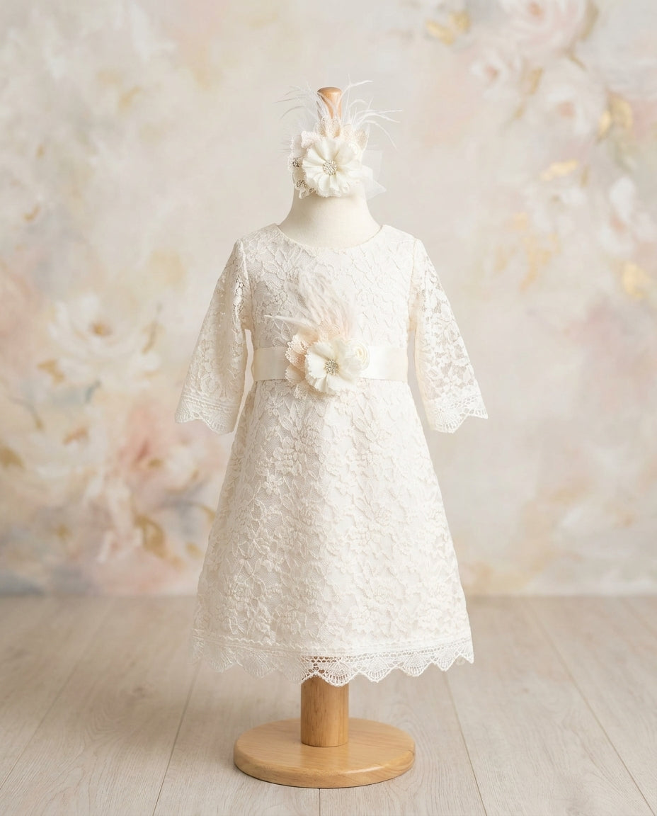 Champagne Bell Lace Christening Dress with Headband and Sash