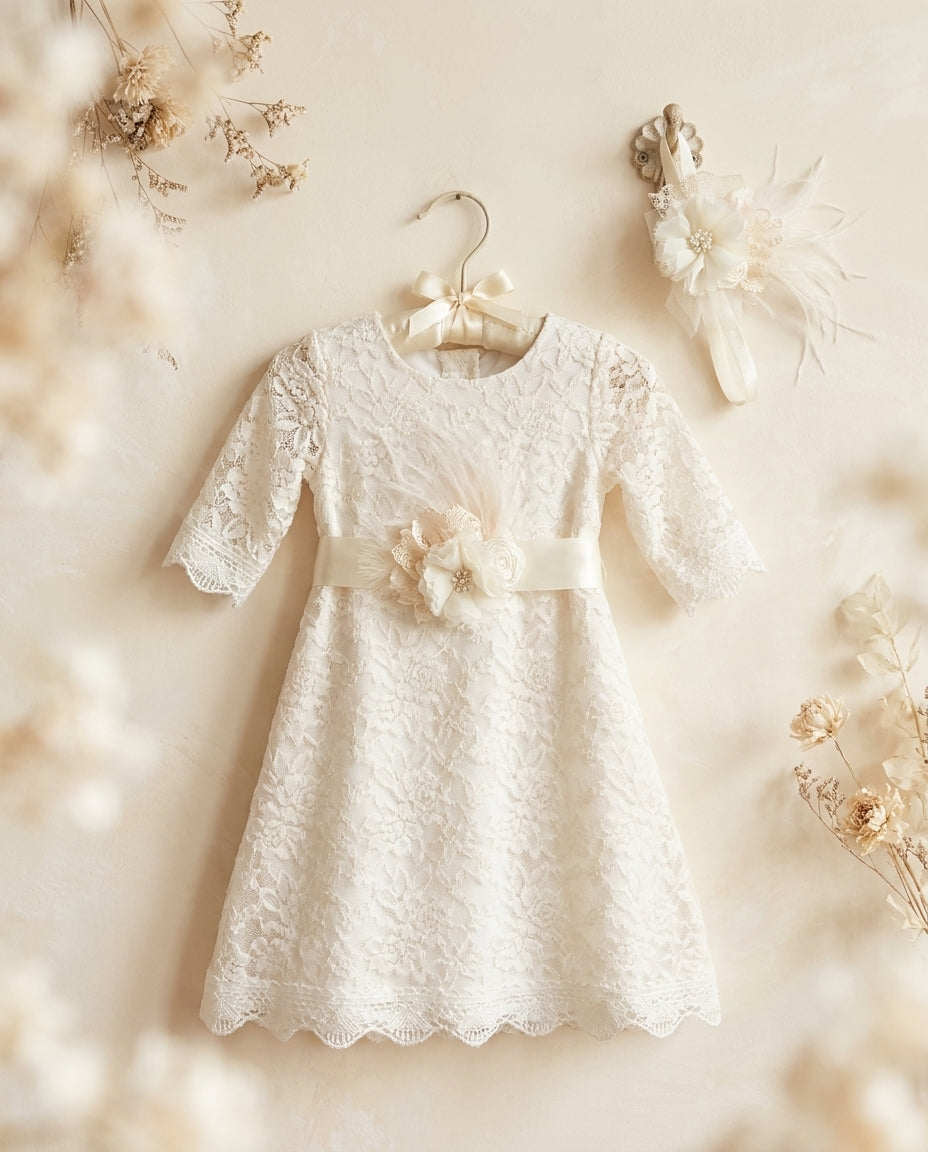 Champagne Bell Lace Christening Dress with Headband and Sash