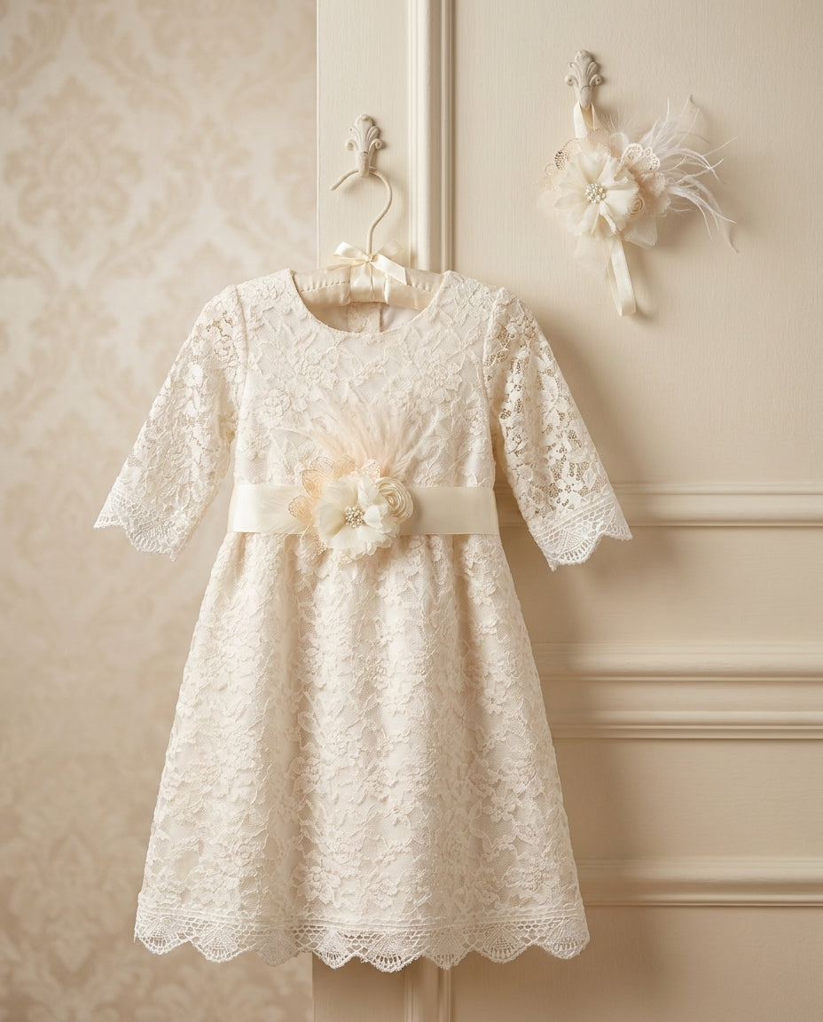 Champagne Bell Lace Christening Dress with Headband and Sash