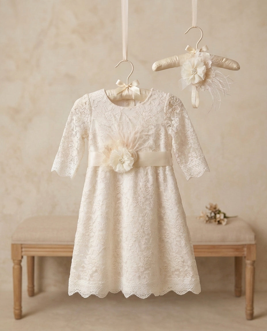 Champagne Bell Lace Christening Dress with Headband and Sash