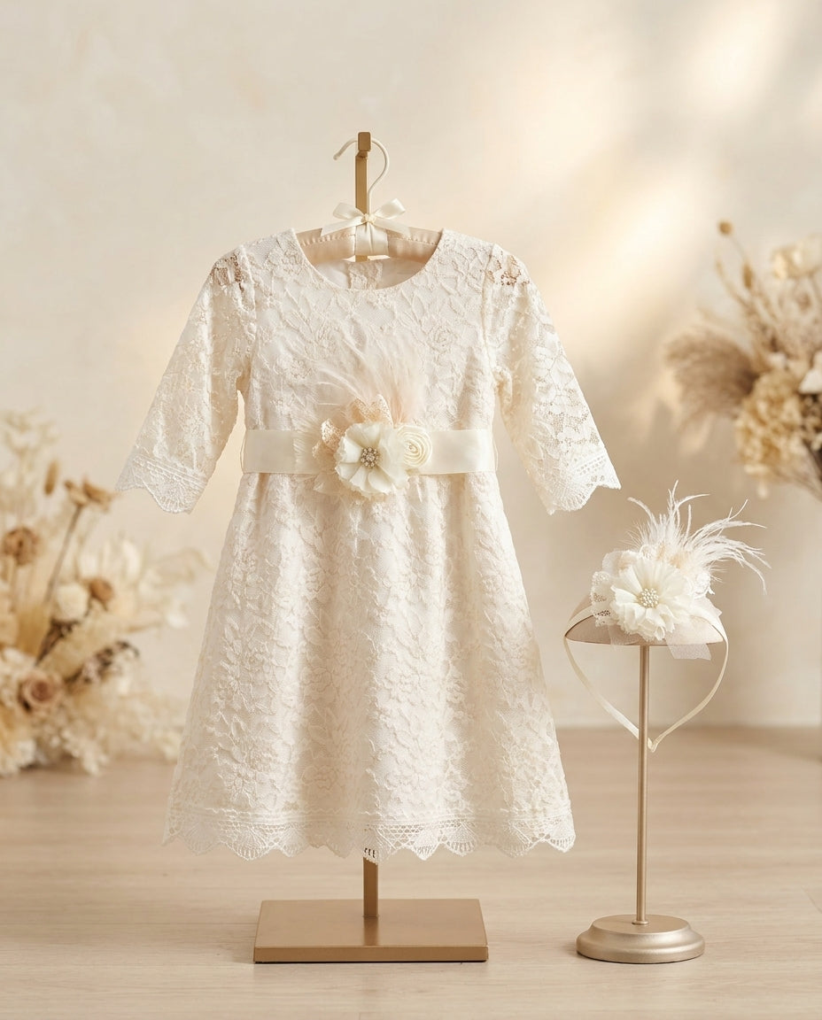 Champagne Bell Lace Christening Dress with Headband and Sash