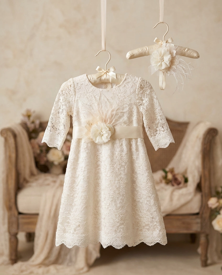 Champagne Bell Lace Christening Dress with Headband and Sash