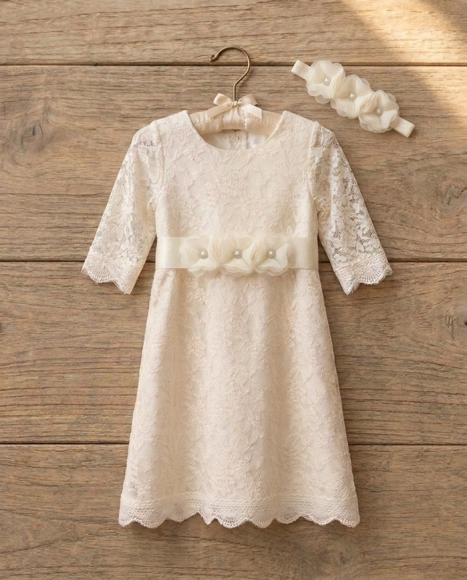 Cream Lace Girl Baptism Dress with Headband and Sash