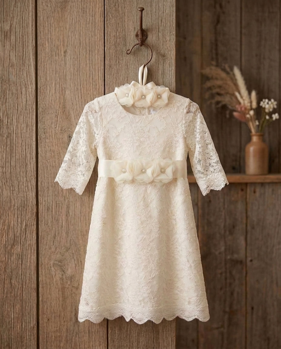 Cream Lace Girl Baptism Dress with Headband and Sash