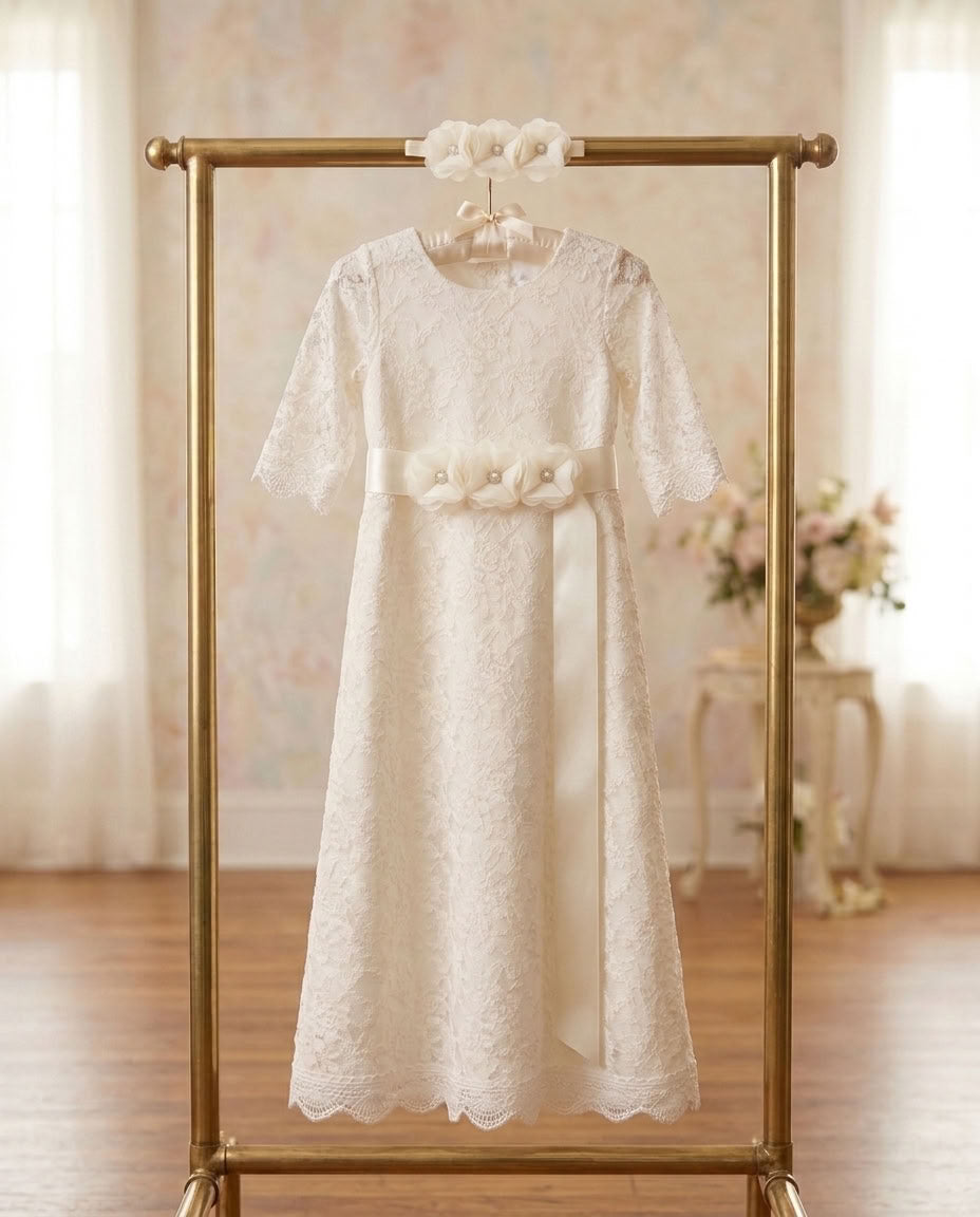 Cream Lace Girl Baptism Dress with Headband and Sash