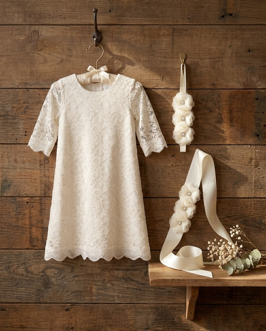 Cream Lace Girl Baptism Dress with Headband and Sash