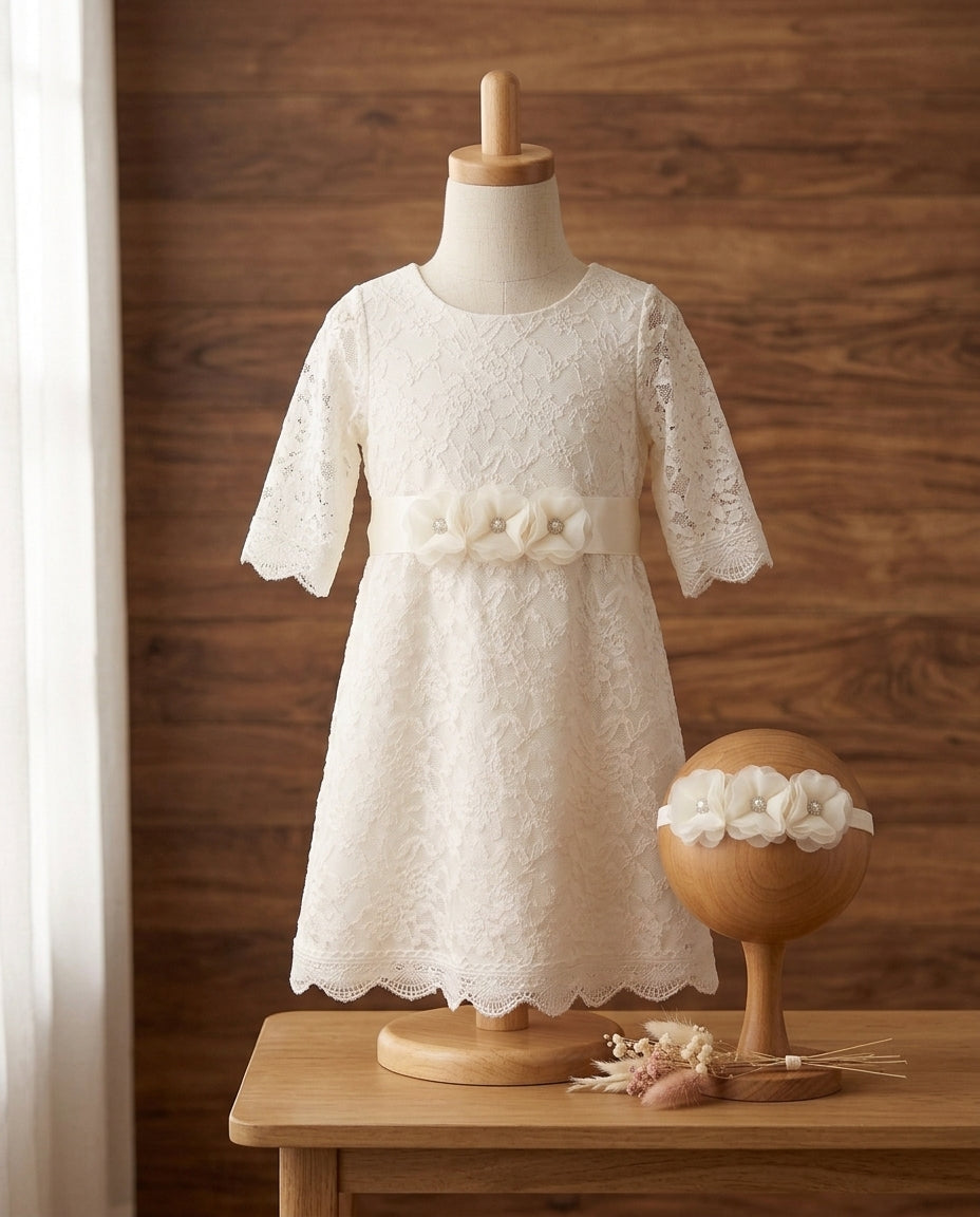 Cream Lace Girl Baptism Dress with Headband and Sash