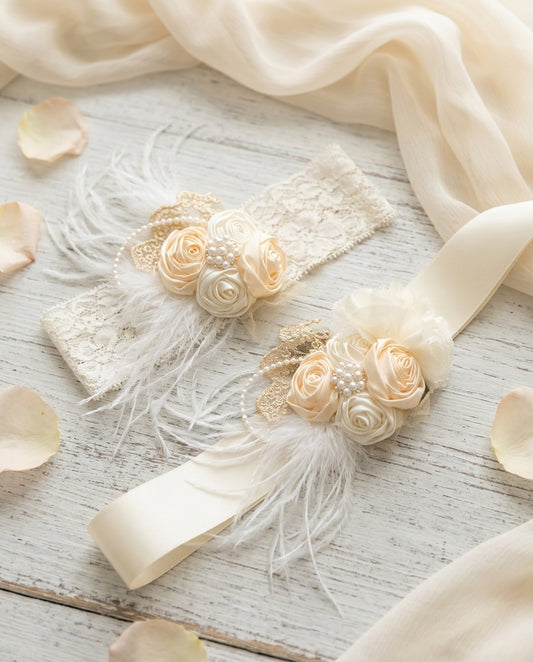 Creme Brulee & Ivory Baptism Headband and Sash