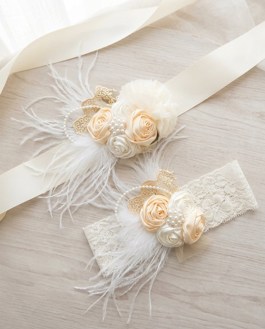 Creme Brulee & Ivory Baptism Headband and Sash