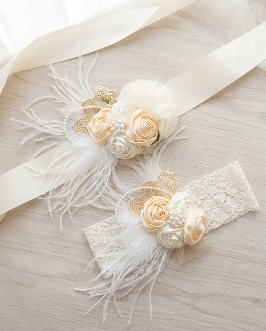 Creme Brulee & Ivory Baptism Headband and Sash