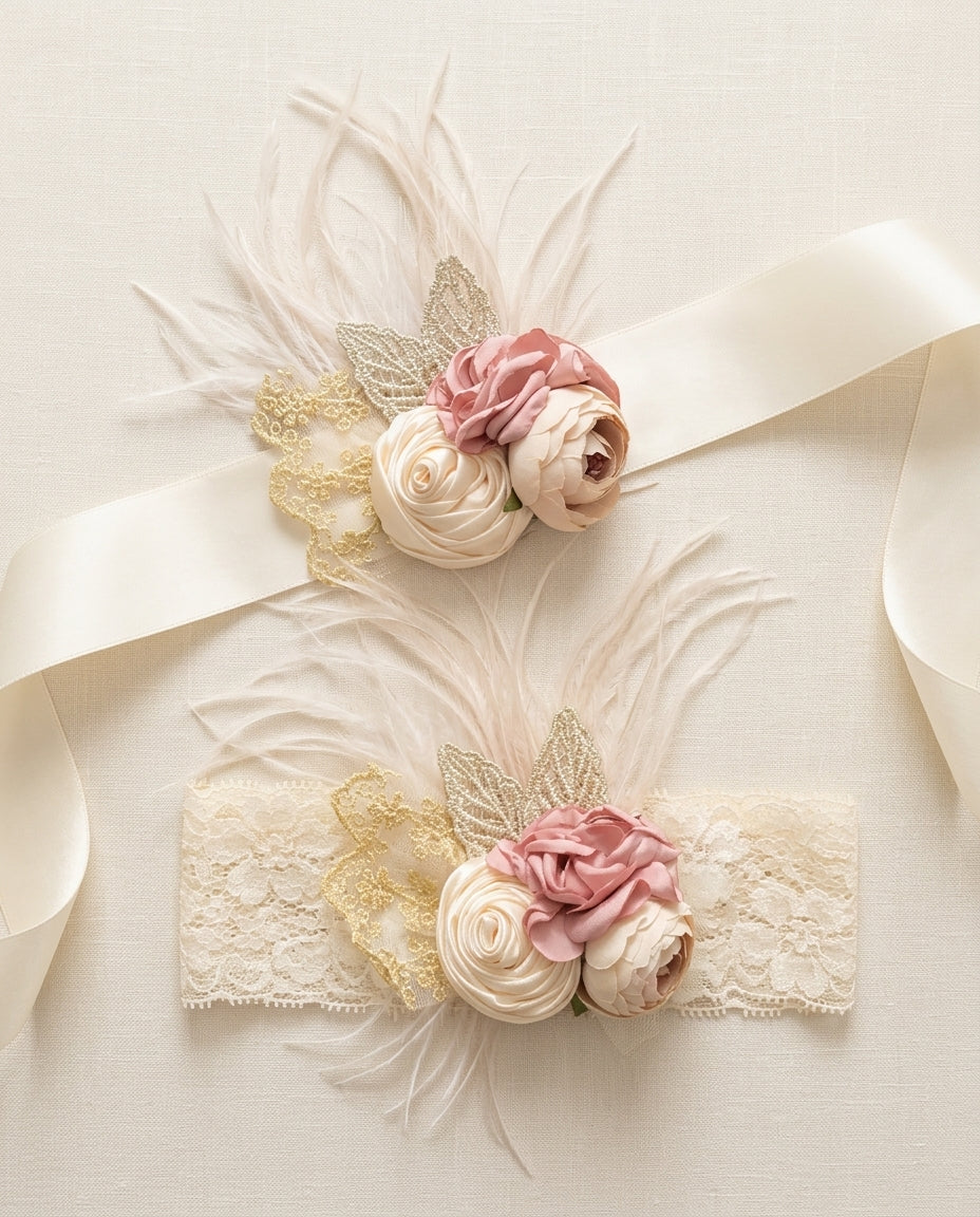 Dusty Rose & French Cream Flower Girl Headband and Sash