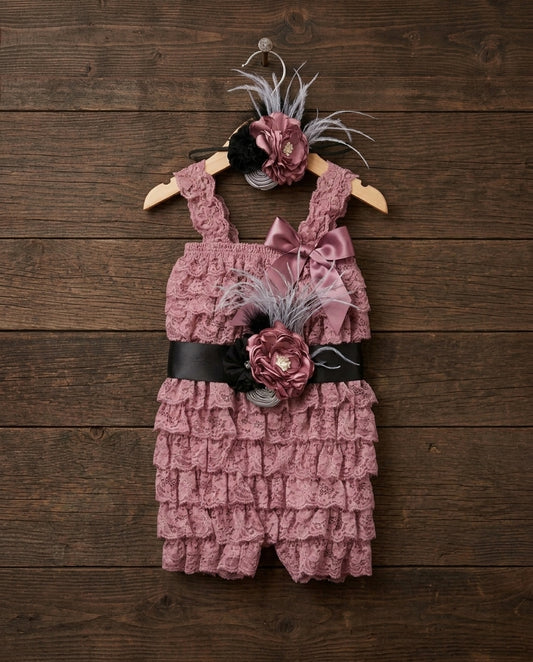 Smoky Gray Baby Lace Romper with Headband & Sash, Black Baby Lace Romper