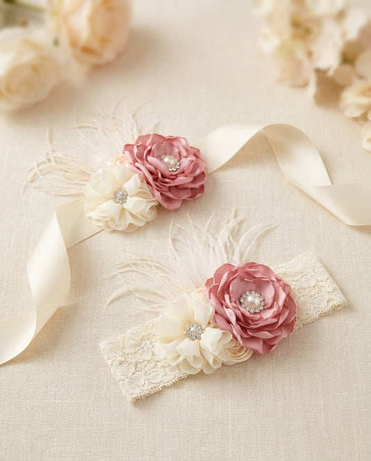 Dusty Pink and Ivory Christening Headband & Sash