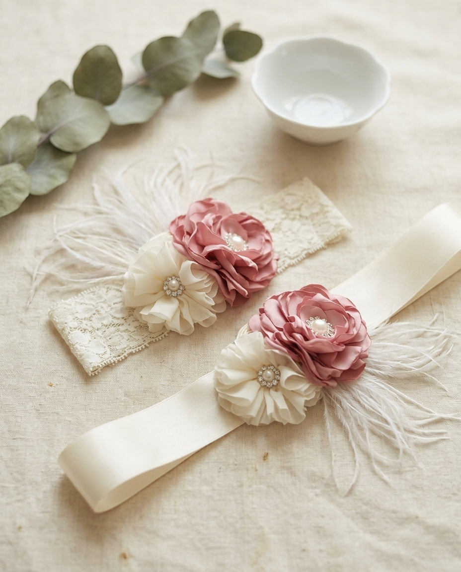 Dusty Pink and Ivory Christening Headband & Sash