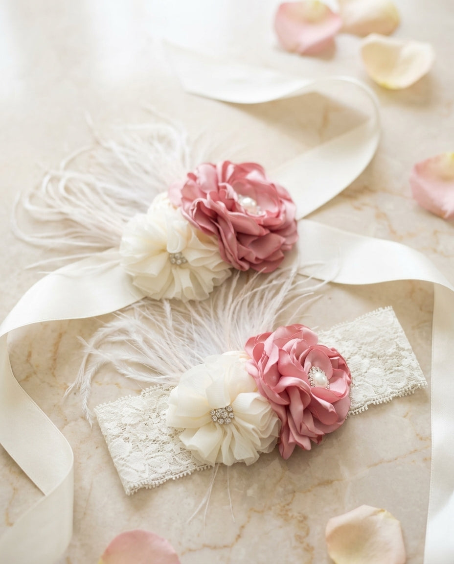 Dusty Pink and Ivory Christening Headband & Sash