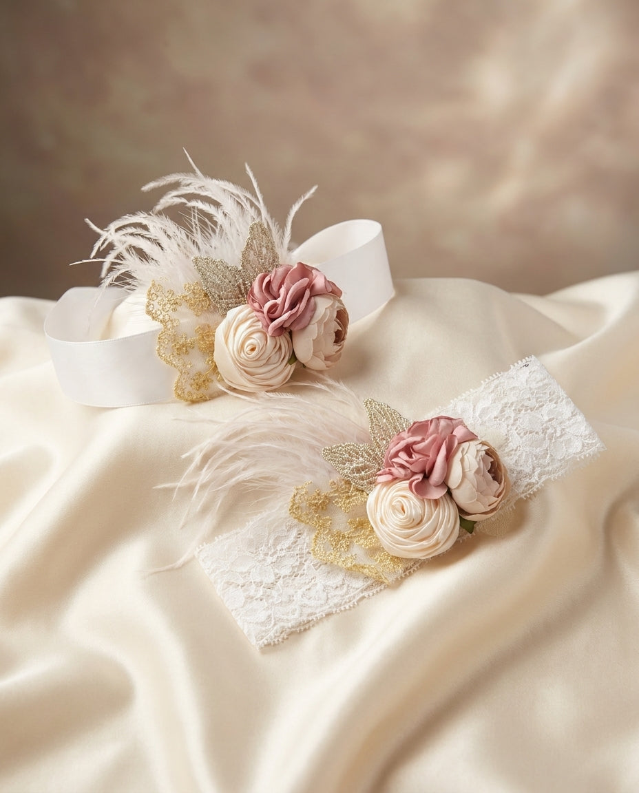Dusty Rose & French Cream Flower Girl Headband and Sash