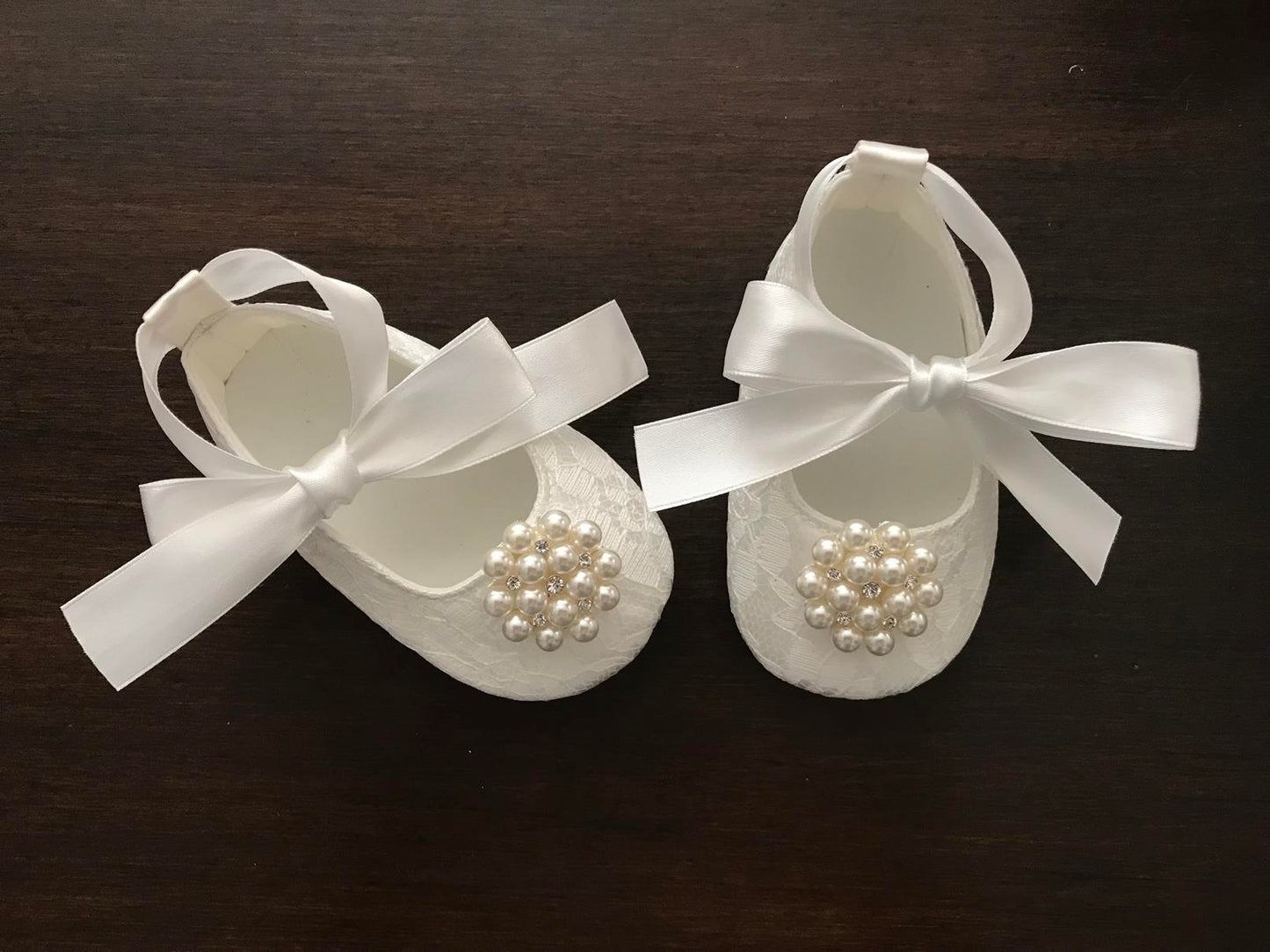 French White Baby Baptism Shoes with Pearl Rhinestones, Baby Ivory Baptism Shoes