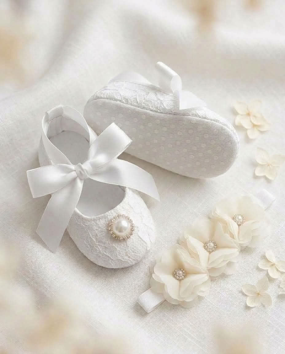 French White Baby Girl Baptism Shoes & Floral Headband Set
