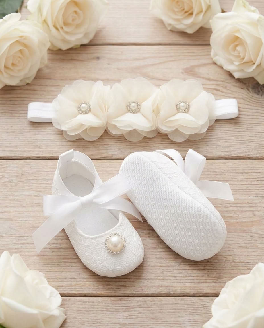 French White Baby Girl Baptism Shoes & Floral Headband Set
