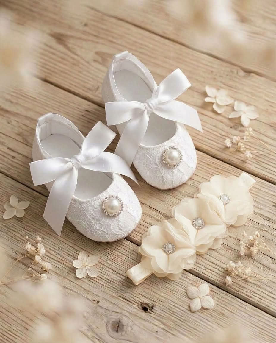 French White Baby Girl Baptism Shoes & Floral Headband Set