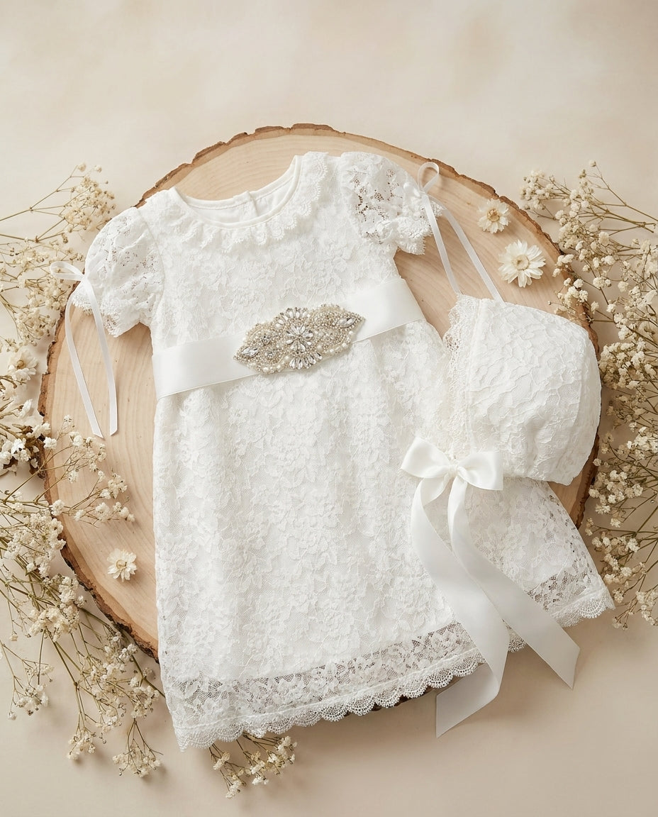 French White Bell Lace Christening Dress with Rhinestones Headband and Sash