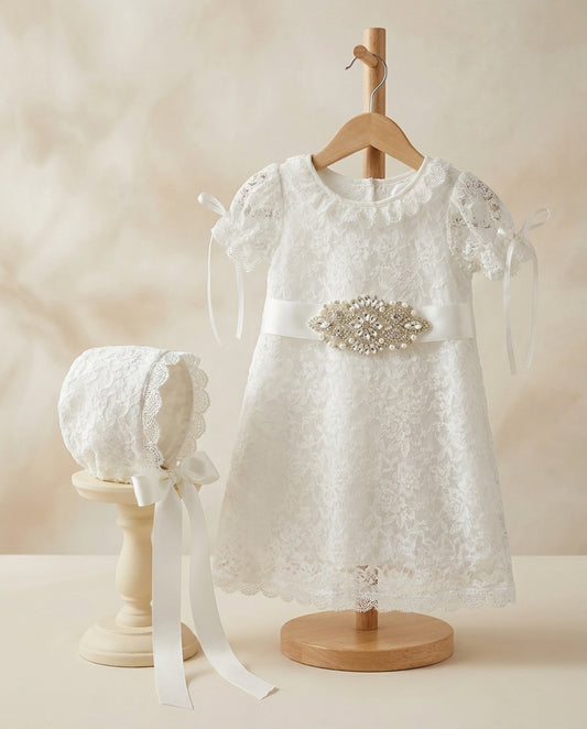 French White Bell Lace Christening Dress with Rhinestones Headband and Sash