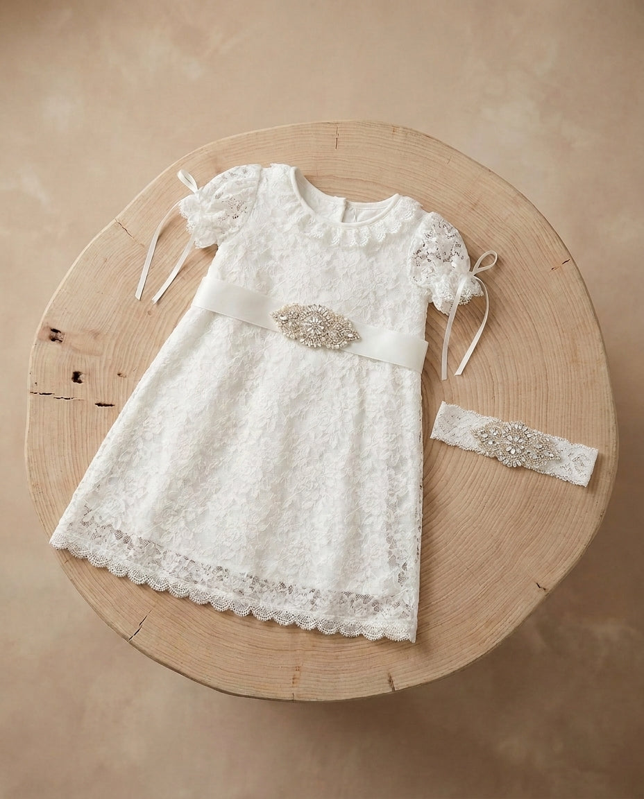 French White Bell Lace Christening Dress with Rhinestones Headband and Sash