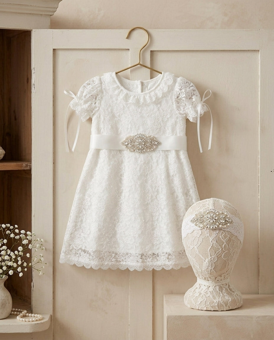 French White Bell Lace Christening Dress with Rhinestones Headband and Sash