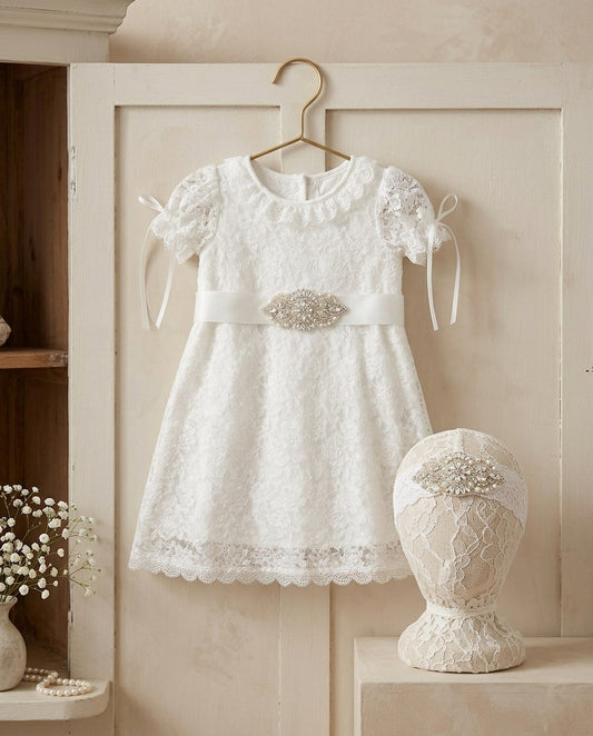 French White Bell Lace Christening Dress with Rhinestones Headband and Sash